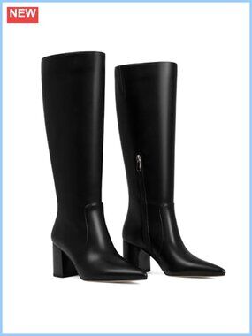 Knee High Boots Pointed Toe Block Heel Side Zip Faux Leather Tall Boots